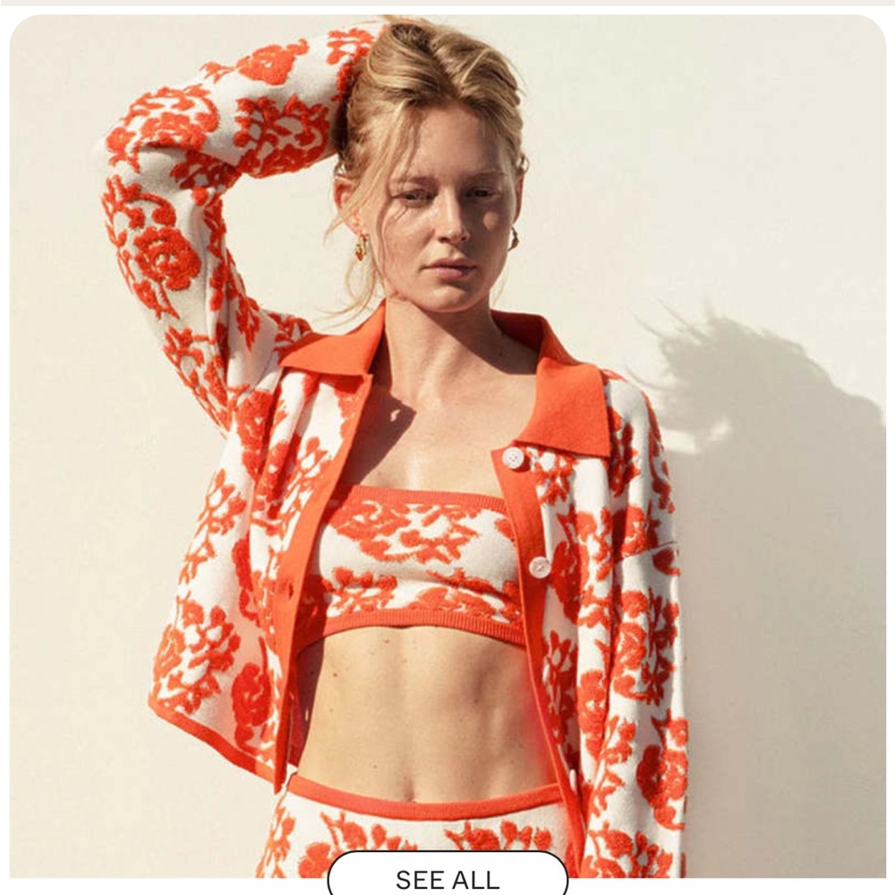 Orange and White Floral Knit Cardigan